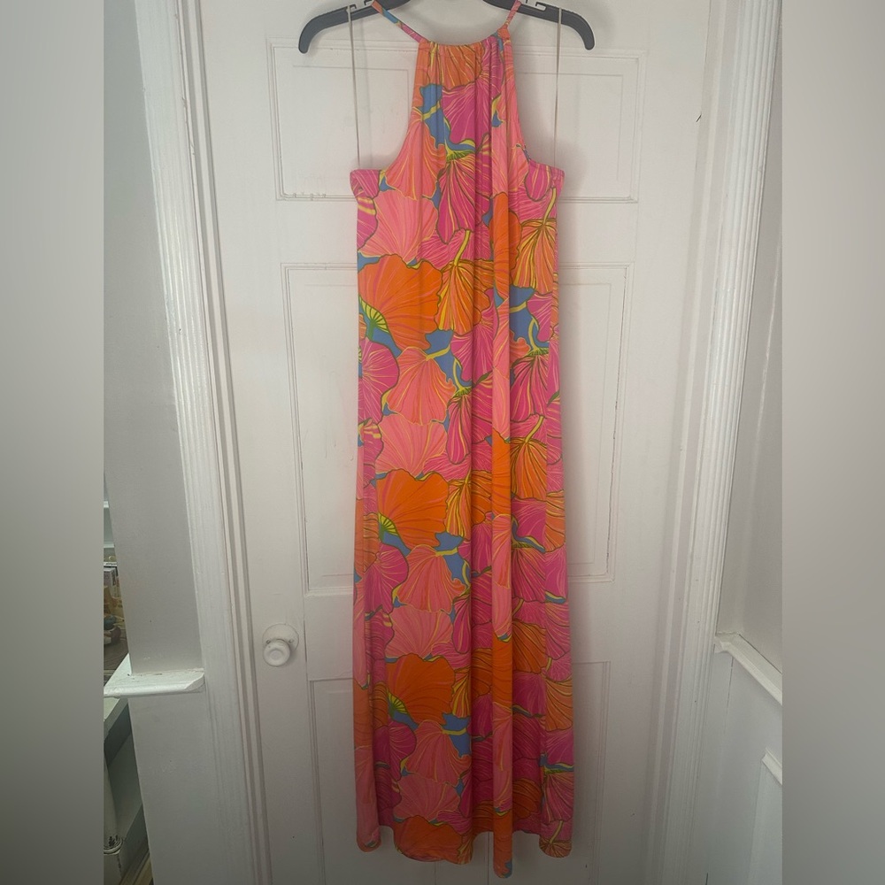 Trina Turk Tropical Floral Maxi Dress Pink Orange Blue Resort Summer Size Small - Picture 3 of 5